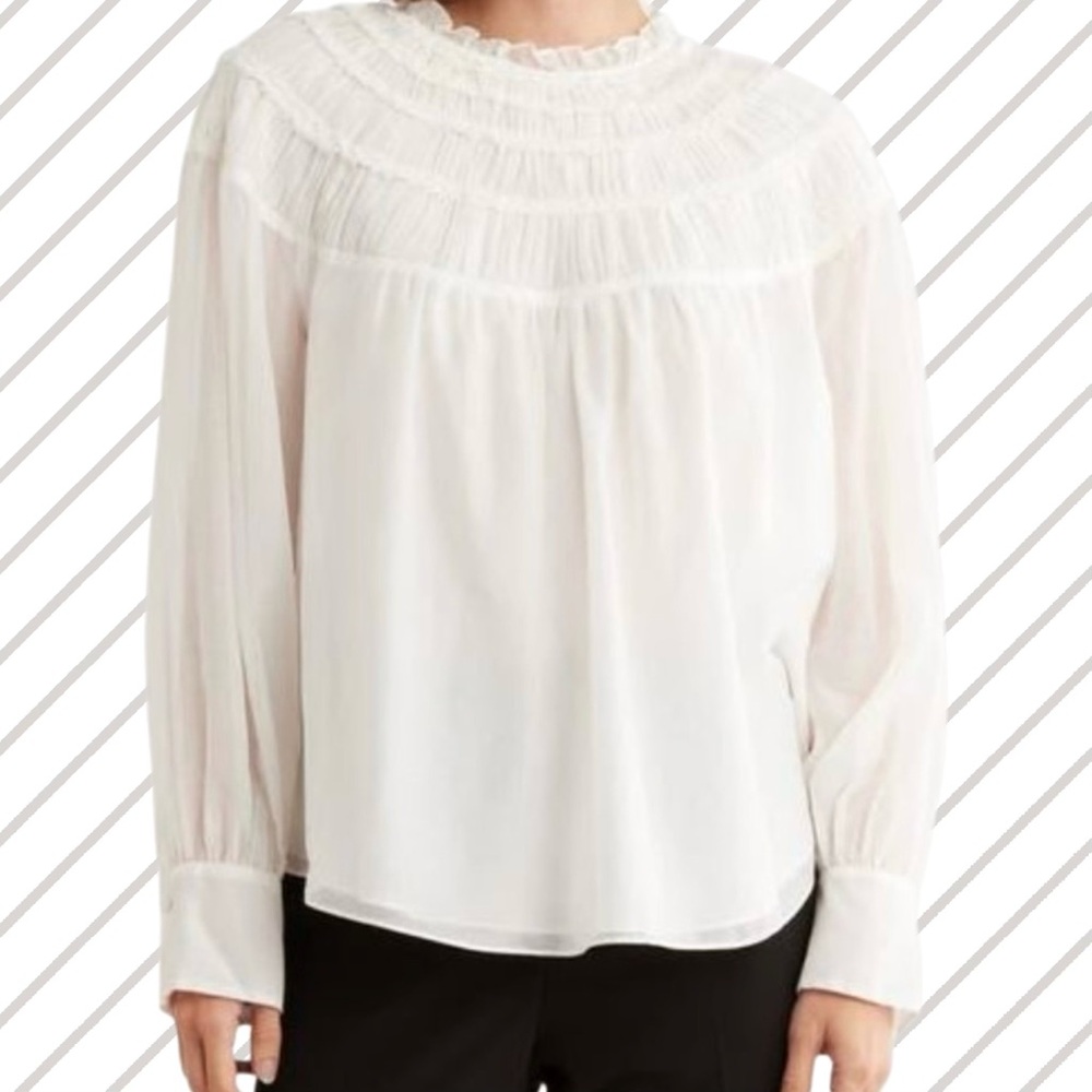 Rebecca Taylor White Silk Blend Long Sleeve Ruched Shirt - Size 8